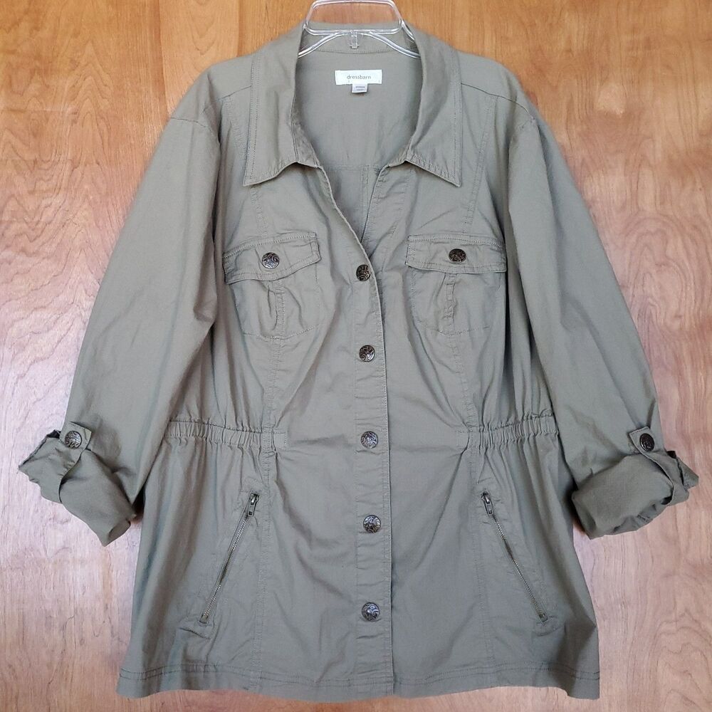 Dressbarn Woman Utility Jacket Size 18 / 20 Green Snap Front Roll Tab Sleeve